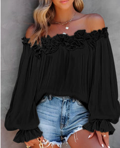 Casual Blouses Shoulder Off-Shoulder Long Sleeve Top Lotus Leaf Sleeve Shirt Loose Women's Clothing